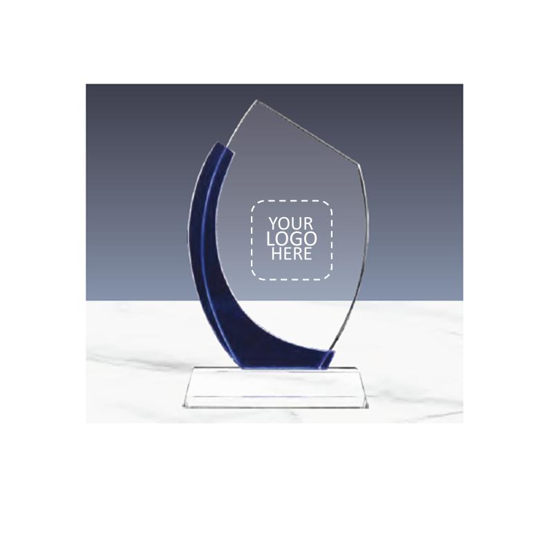 Crystal Award With Blue Design On The Side With Logo